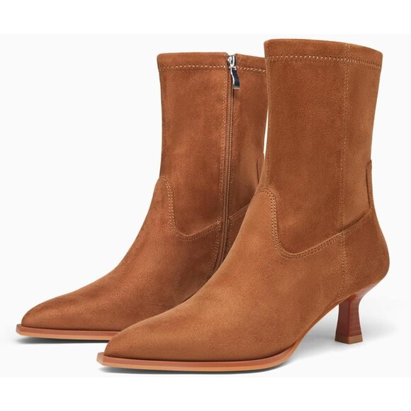 Women's Dark Brown Pointed Toe Ankle Boots Stacked Kitten Low Heel Side Zipper - Picture 6 of 6